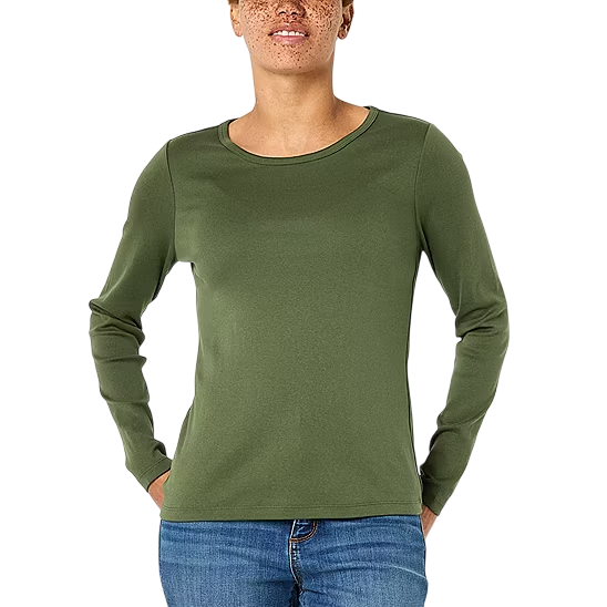 A person wearing a plain olive green long-sleeve shirt and blue jeans against a neutral background.