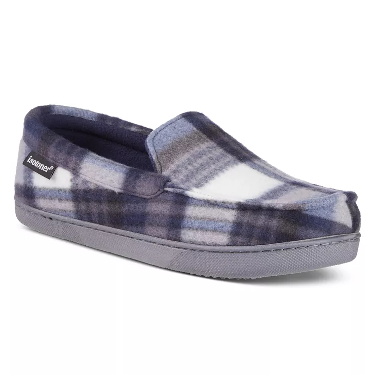 A plaid slipper with a gray sole, featuring a slip-on design and fleece material for comfort.