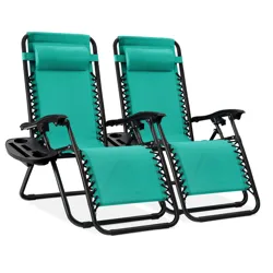Two teal zero gravity lounge chairs with detachable headrests and cup holder trays on the armrests.