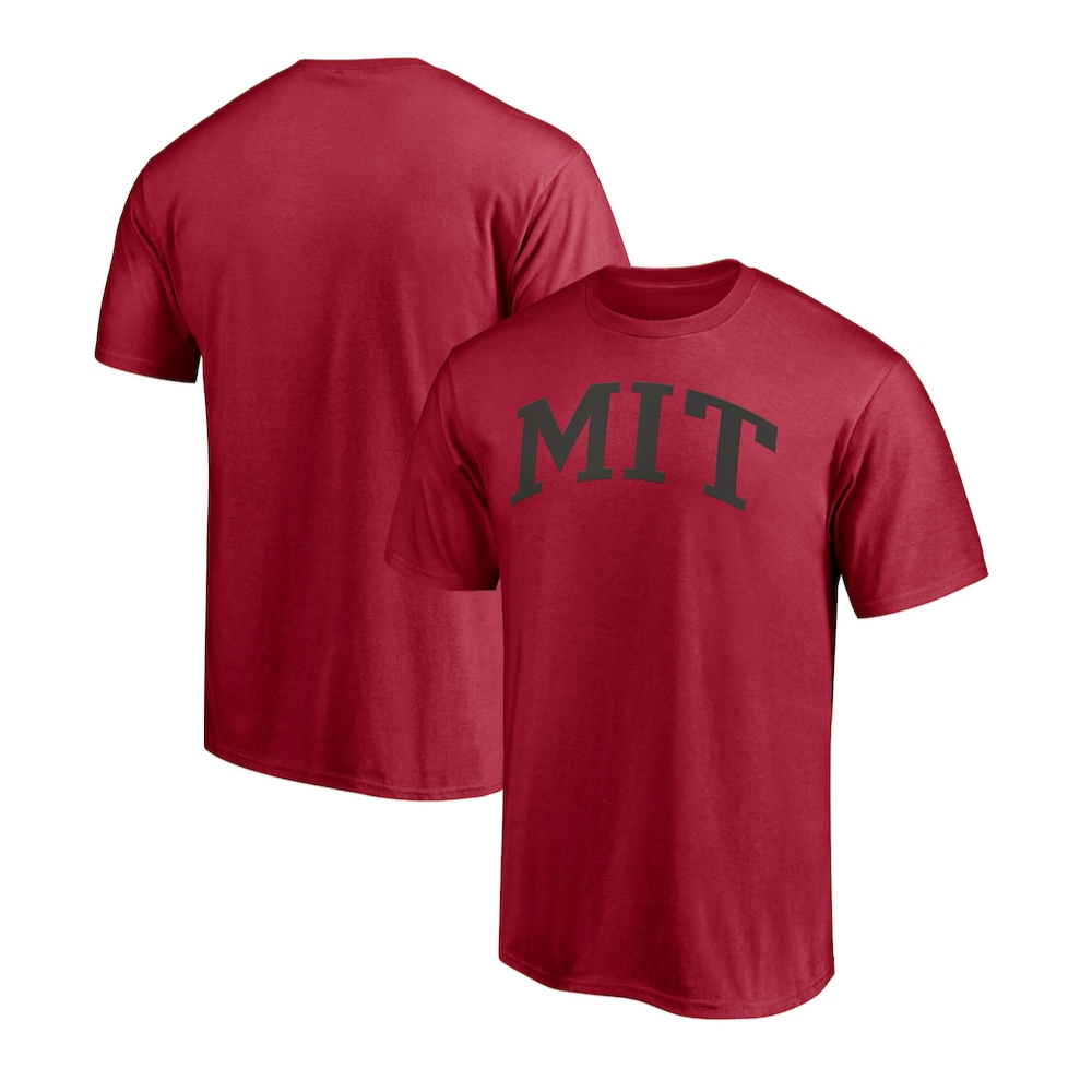 Red T-shirt featuring the letters \“MIT\“ in large black font on the front; short sleeves and a crew neck design.