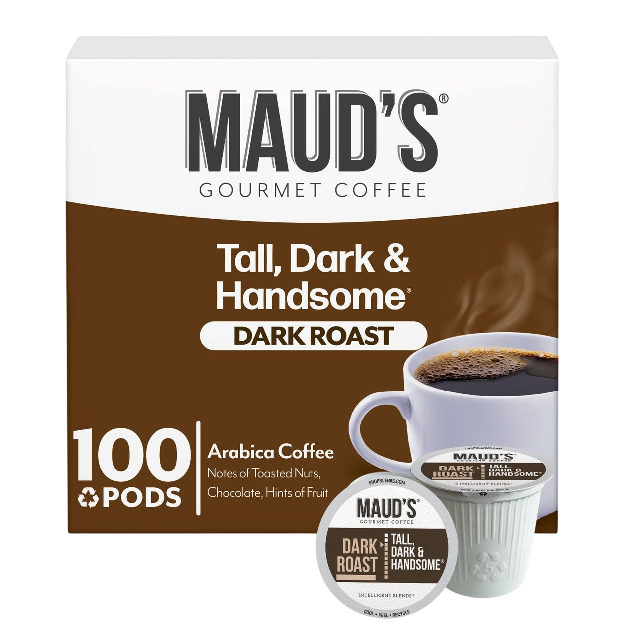 Maud's Gourmet Coffee, 100-count Tall, Dark & Handsome Dark Roast pods feature Arabica coffee with notes of toasted nuts, chocolate, and hints of fruit.