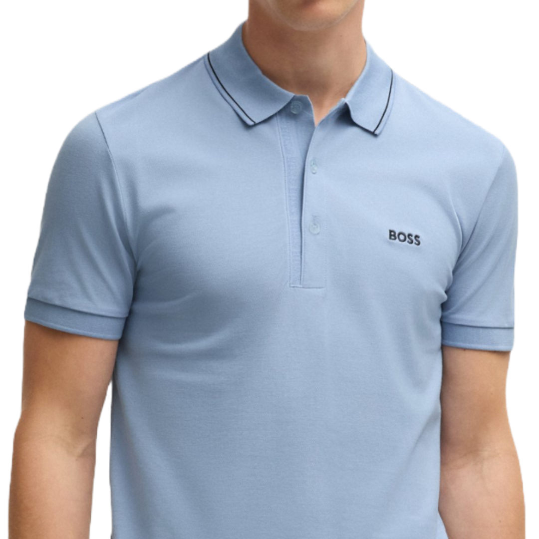 Light blue polo shirt with short sleeves, featuring a small \“BOSS\“ logo embroidered on the chest.