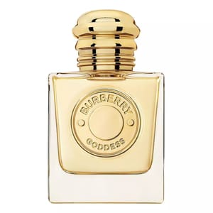 Burberry Goddess Perfume features a luxurious, square glass bottle with a shiny gold cap and embossed logo. The design conveys elegance and luxury.
