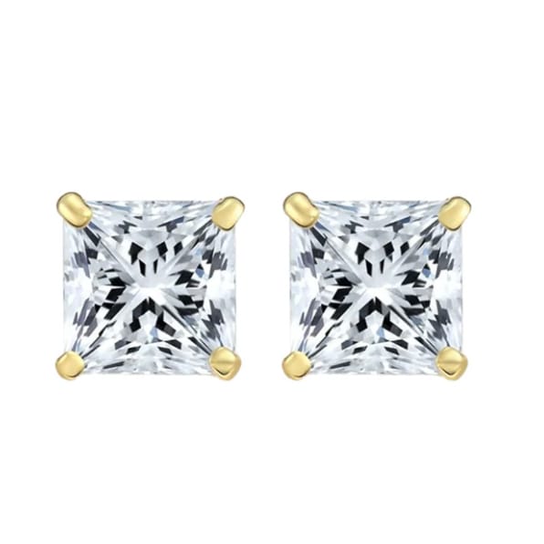 Square crystal stud earrings with gold prongs, featuring a sparkling, geometric pattern.