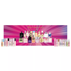 Macy's Favorite Scents Sampler Set for Her showcases a variety of designer fragrance miniatures, including options from brands like YSL, Versace, and Burberry, displayed on a pink background.