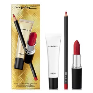 The 3pc MAC Claim to Fame Lip Set includes a red lipstick, a matching red lip pencil, and a clear lipglass. These items are presented in gold packaging.