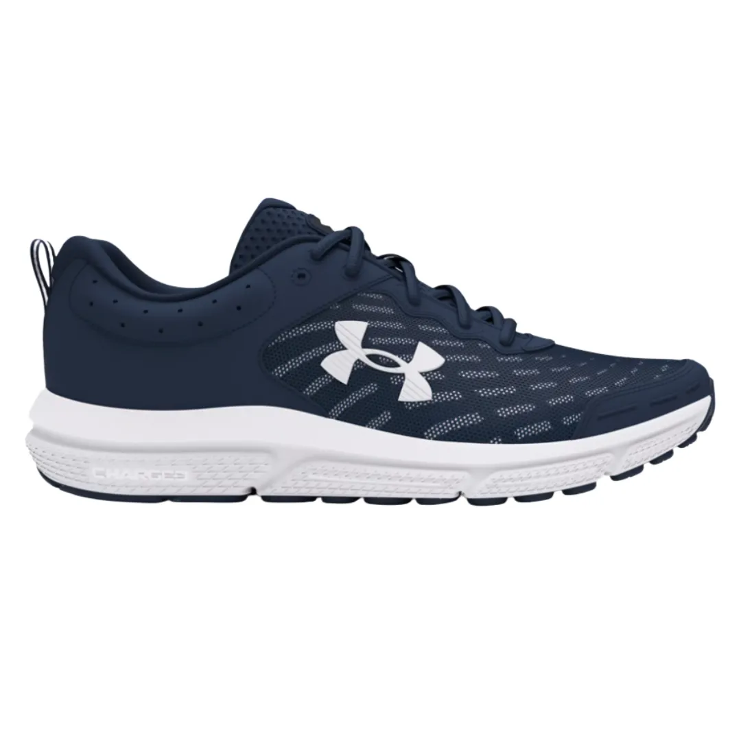 A navy and white Under Armour running shoe with a mesh upper, featuring the brand's logo on the side and a cushioned sole labeled \“Charged.\“