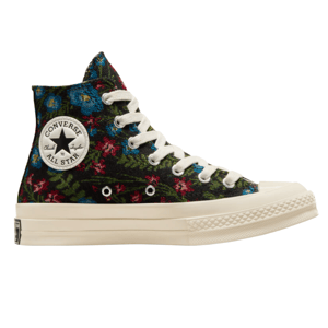 Converse Chuck Taylor All Star high-top sneaker with a multicolored floral pattern on a black canvas background, featuring white laces and a beige sole.