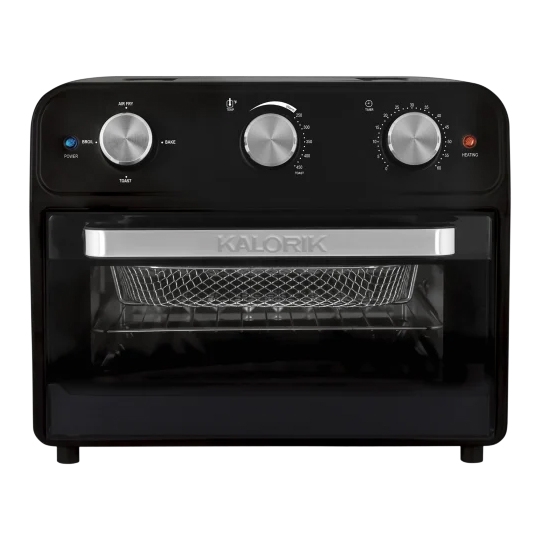 A black Kalorik air fryer toaster oven featuring three rotary dials for air frying, baking, temperature control, and timer settings. It has a clear door and a mesh basket inside.