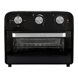 A black Kalorik air fryer toaster oven featuring three rotary dials for air frying, baking, temperature control, and timer settings. It has a clear door and a mesh basket inside.