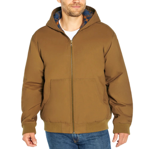 Brown Woolrich Men's Canvas Jacket with a front zipper, hood, and two front pockets. The jacket has a ribbed hem and cuffs, and the hood is lined with a blue and brown plaid pattern.