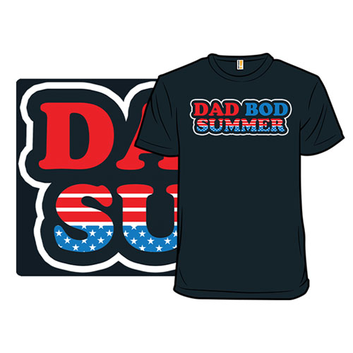 Black T-shirt with the text \“DAD BOD SUMMER\“ in bold letters. The words have a red, white, and blue color scheme with stars and stripes resembling the American flag.
