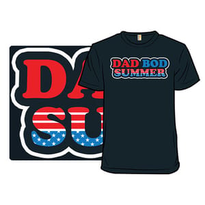 Black T-shirt with the text \“DAD BOD SUMMER\“ in bold letters. The words have a red, white, and blue color scheme with stars and stripes resembling the American flag.