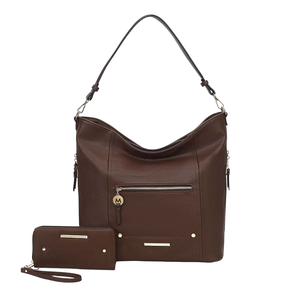 Brown leather handbag with matching wallet/pouch, featuring a shoulder strap, front zipper pocket, and metallic accents.