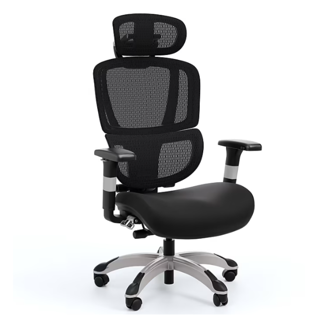 Ergonomic office chair with a black mesh backrest, adjustable armrests, cushioned seat, and chrome base with caster wheels.