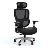 Ergonomic office chair with a black mesh backrest, adjustable armrests, cushioned seat, and chrome base with caster wheels.