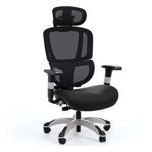 Ergonomic office chair with a black mesh backrest, adjustable armrests, cushioned seat, and chrome base with caster wheels.
