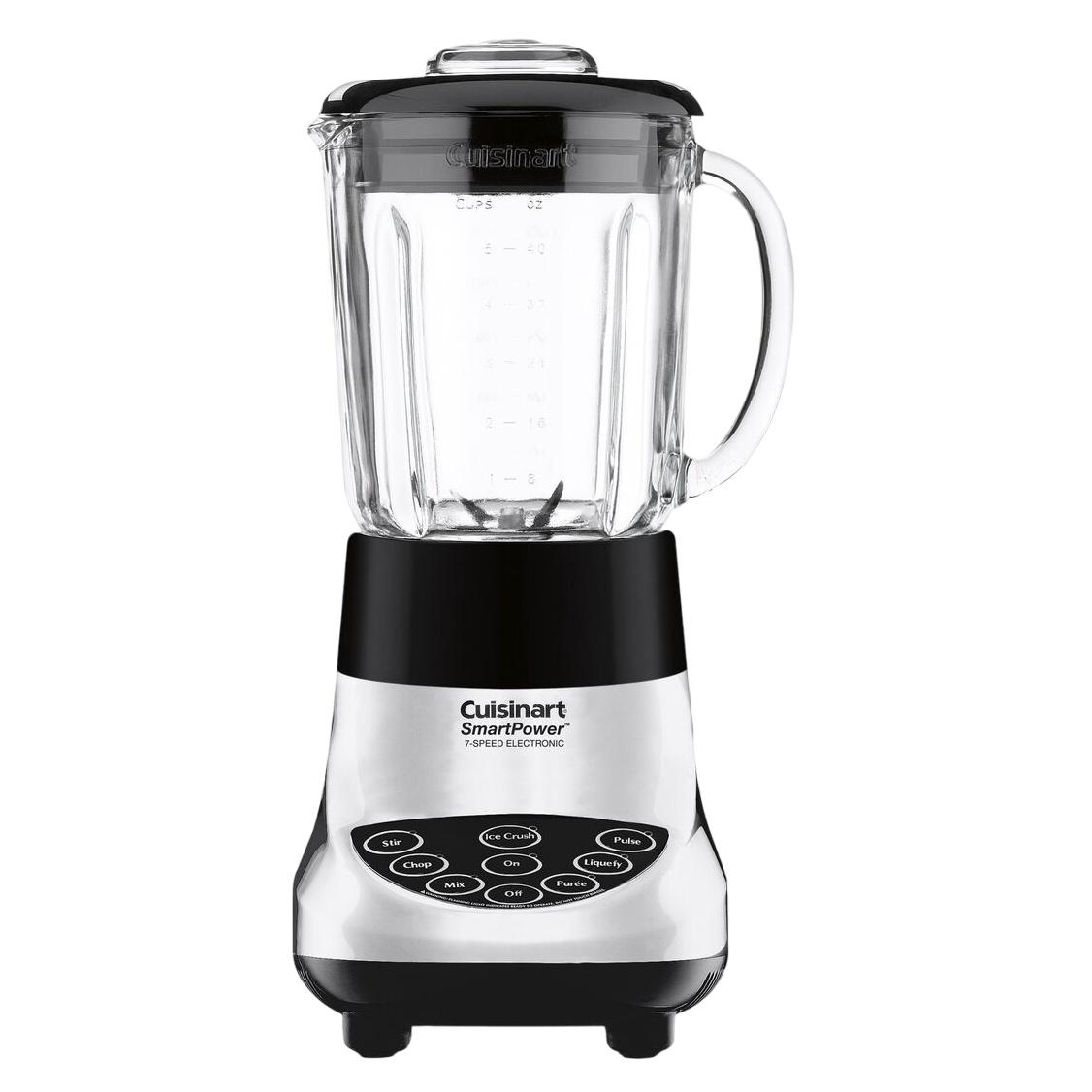 Cuisinart SmartPower 7-Speed Electronic Blender with a glass jar, black and stainless steel finish, and a touchpad control panel featuring various functions like ice crush, pulse, and blend settings.