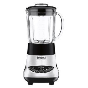 Cuisinart SmartPower 7-Speed Electronic Blender with a glass jar, black and stainless steel finish, and a touchpad control panel featuring various functions like ice crush, pulse, and blend settings.