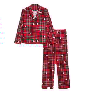 Red plaid pajama set featuring cartoon character prints, including a long-sleeve button-up top and matching elastic-waist pants.