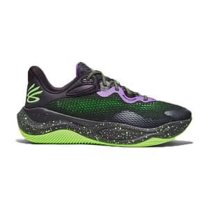 A black and green athletic shoe with purple and neon green accents, featuring a speckled midsole and matching outsole.