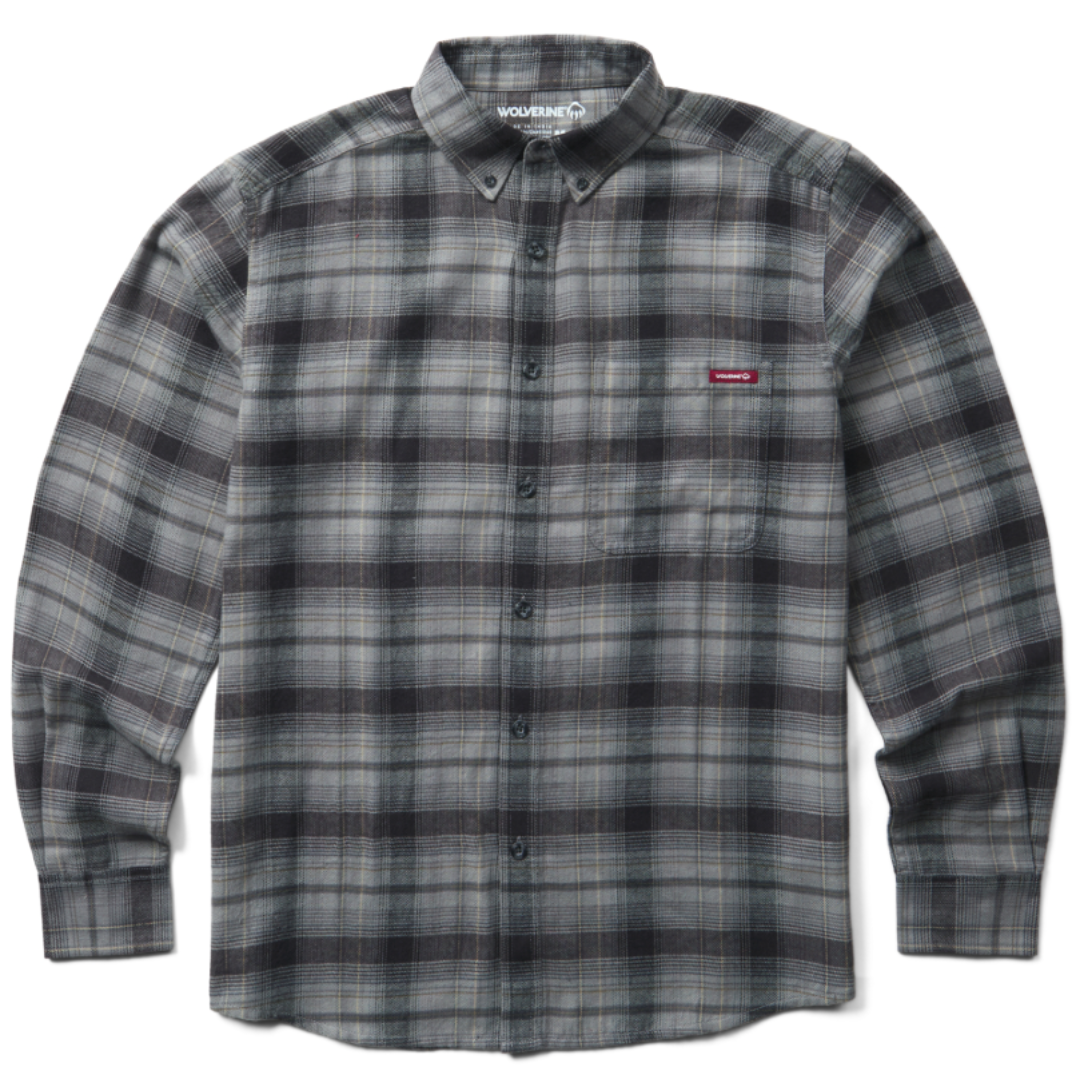 A gray plaid button-up shirt with a collar and chest pocket, featuring a small logo on the pocket.