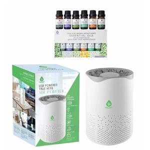 USB-powered HEPA air purifier with essential oils set including eucalyptus, lavender, peppermint, orange, lemongrass, and tea tree. Ideal for small spaces up to 100 sq. ft.