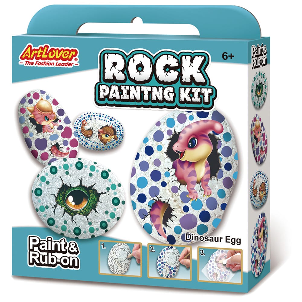 ArtLover Rock Painting Kit for ages 6+ features dinosaur egg designs with paint and rub-on transfers.