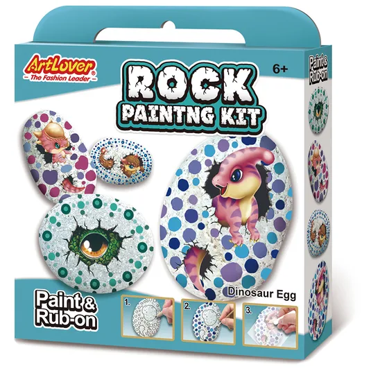 ArtLover Rock Painting Kit for ages 6+ features dinosaur egg designs with paint and rub-on transfers.