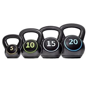 A set of four black kettlebells with different colored markings indicating weights of 5, 10, 15, and 20 pounds.