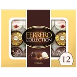 A Ferrero Collection 12 piece gift box containing an assortment of Ferrero Rocher, Raffaello, and Rondnoir chocolates. Each chocolate type is visible through its own transparent compartment.