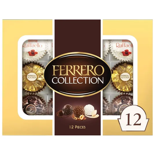 A Ferrero Collection 12 piece gift box containing an assortment of Ferrero Rocher, Raffaello, and Rondnoir chocolates. Each chocolate type is visible through its own transparent compartment.