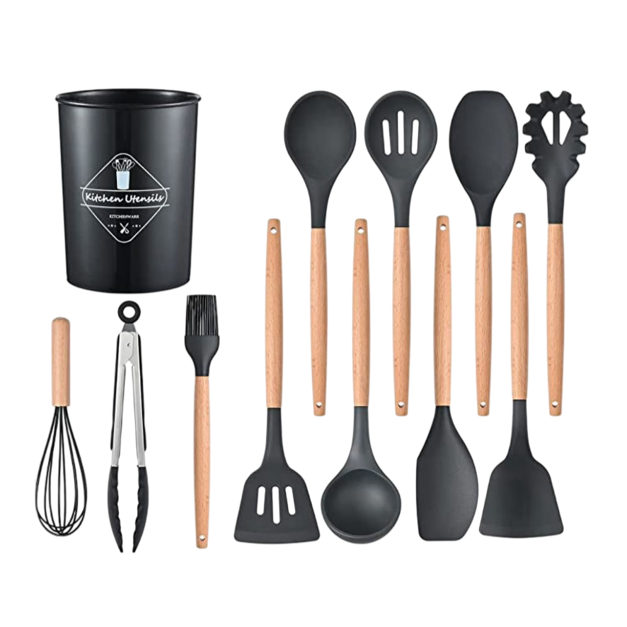 A black kitchen utensil set includes a whisk, tongs, basting brush, and various spoons and spatulas with wooden handles, all stored in a matching black container.