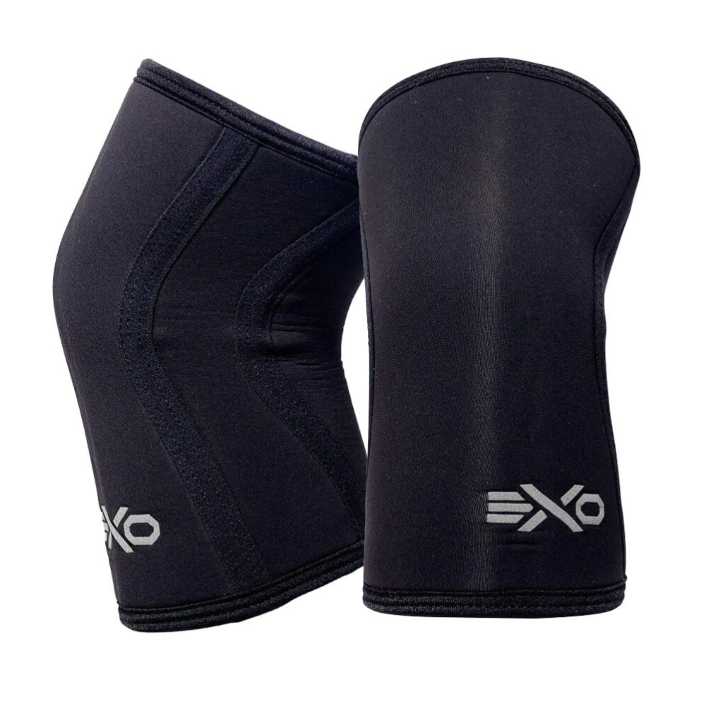 Black knee sleeves designed for joint support and compression, featuring the \“EXO\“ logo.