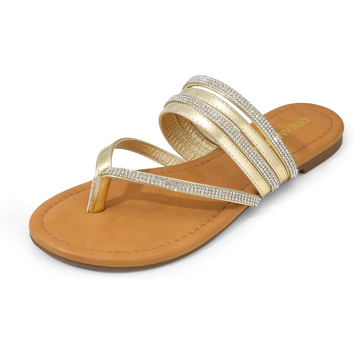 Gold thong sandals with a tan footbed, featuring multiple rhinestone-studded straps for added sparkle.