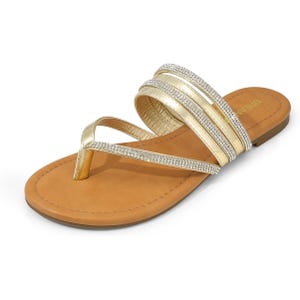 Gold thong sandals with a tan footbed, featuring multiple rhinestone-studded straps for added sparkle.