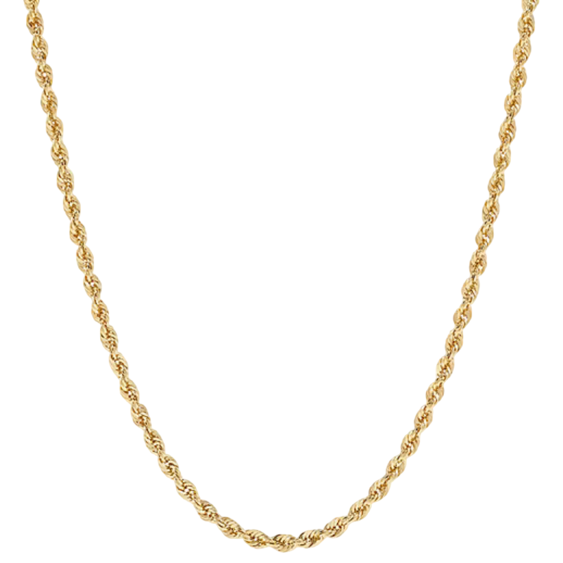 Gold rope chain necklace with a twisted design.
