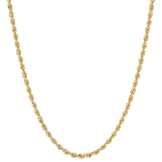Gold rope chain necklace with a twisted design.