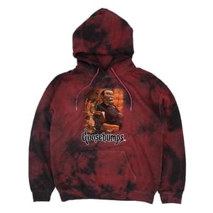 A maroon and black tie-dye hoodie featuring an image of a ventriloquist dummy and children from \“Goosebumps,\“ with the show’s logo beneath.