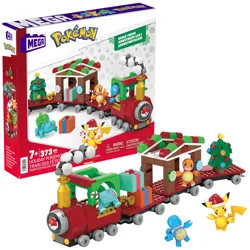 MEGA Pokémon Holiday Train set featuring Pikachu, Bulbasaur, and Charmander with 373 pieces, designed for ages 7 and up. Includes festive decorations like gifts and a holiday tree.