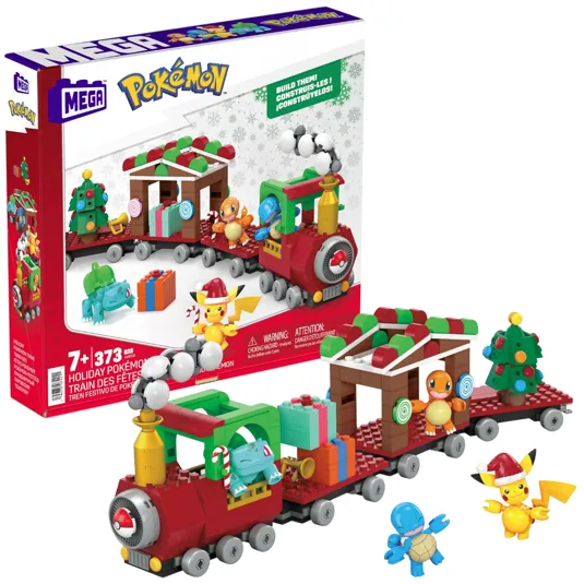 MEGA Pokémon Holiday Train set featuring Pikachu, Bulbasaur, and Charmander with 373 pieces, designed for ages 7 and up. Includes festive decorations like gifts and a holiday tree.