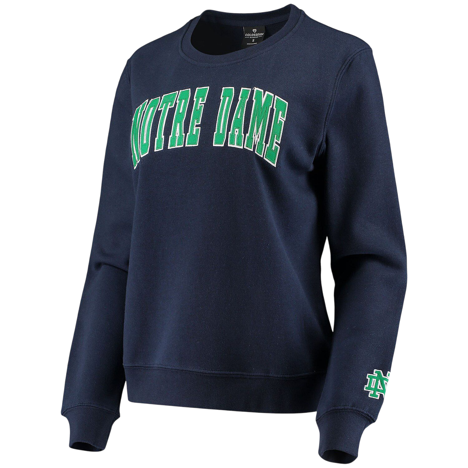 A navy blue sweatshirt featuring the words \“Notre Dame\“ in green and white text. It has ribbed cuffs and hem, with an additional \“ND\“ logo on the left sleeve.
