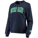 A navy blue sweatshirt featuring the words \“Notre Dame\“ in green and white text. It has ribbed cuffs and hem, with an additional \“ND\“ logo on the left sleeve.