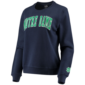 A navy blue sweatshirt featuring the words \“Notre Dame\“ in green and white text. It has ribbed cuffs and hem, with an additional \“ND\“ logo on the left sleeve.