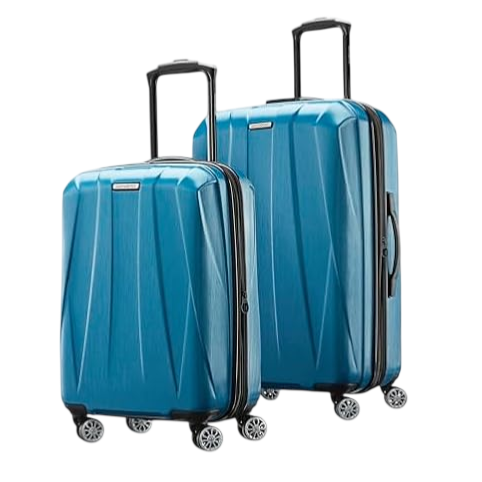 Two blue hard-shell suitcases with telescopic handles and four double spinner wheels, designed for travel.