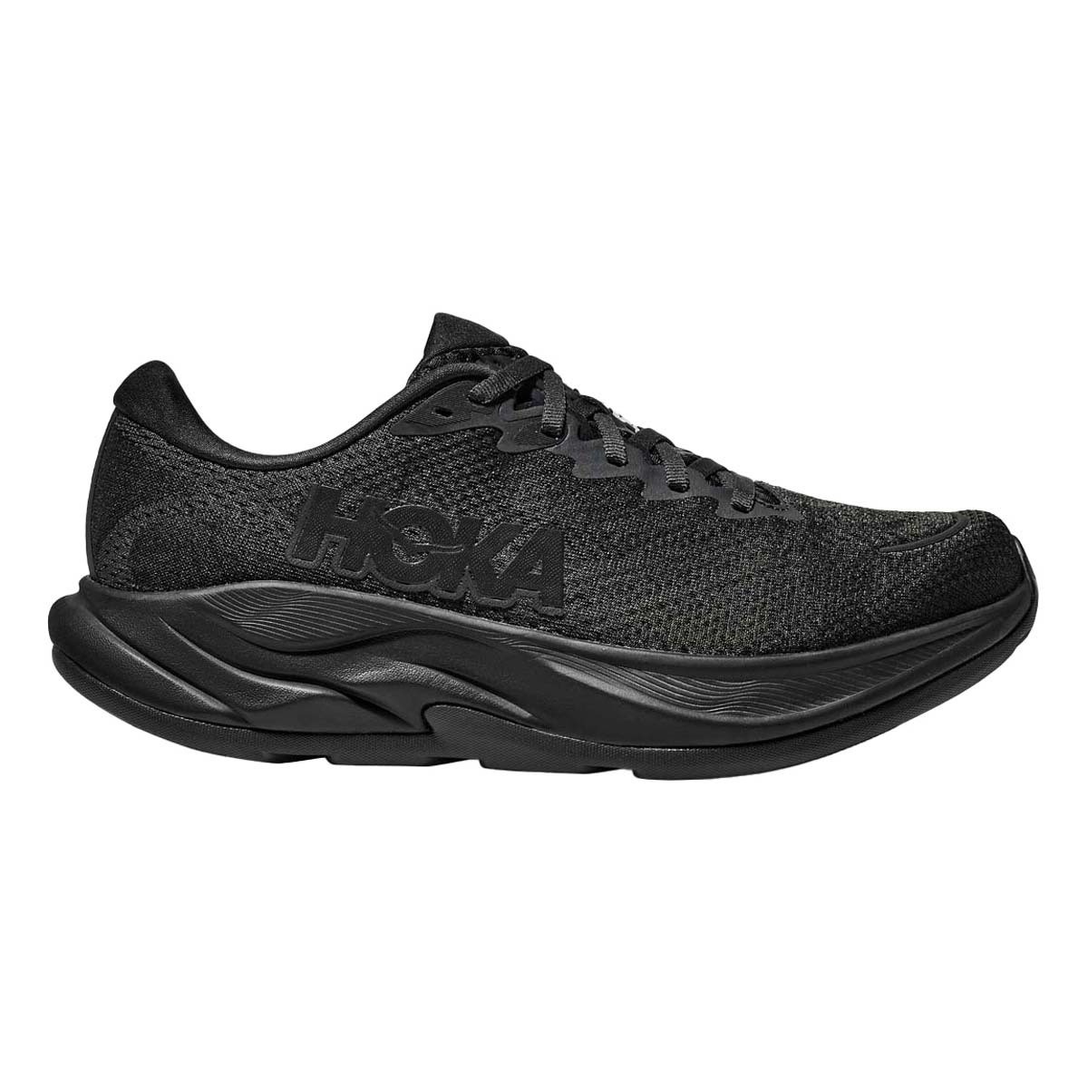 Hoka Men's Rincon 4 Shoes are all-black lightweight running shoes featuring a breathable mesh upper, cushioned midsole, and HOKA branding on the side.