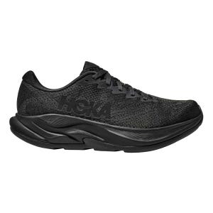 Hoka Men's Rincon 4 Shoes are all-black lightweight running shoes featuring a breathable mesh upper, cushioned midsole, and HOKA branding on the side.