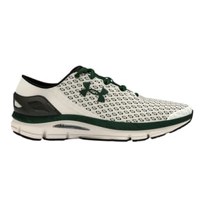 Under Armour running shoe with a white upper featuring a green patterned design, green laces, and a green sole accent.