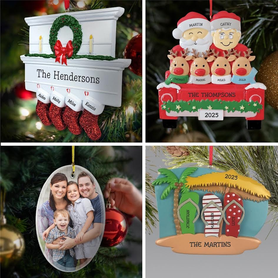 Four personalized Christmas ornaments: a mantel with stockings for \“The Hendersons,\“ a family in a truck with reindeer for \“The Thompsons\“ dated 2025, a family photo ornament, and a beach scene with surfboards for \“The Martins\“ dated 2025.