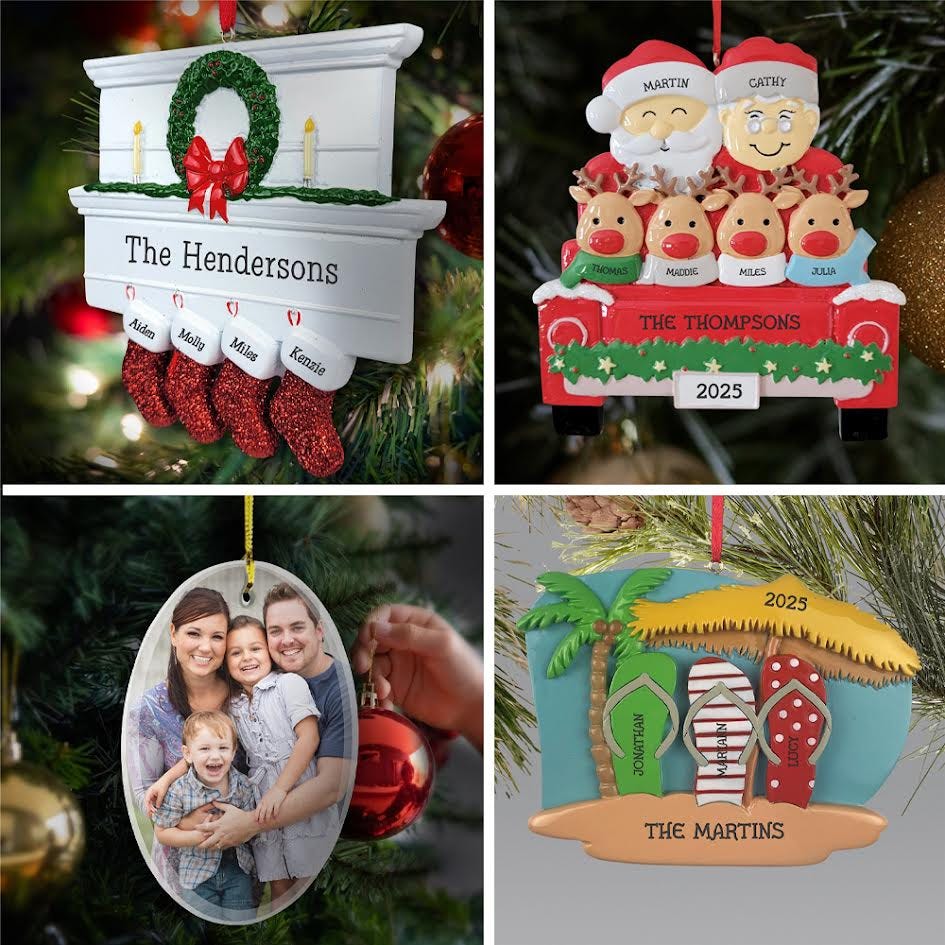 Four personalized Christmas ornaments: a mantel with stockings for \“The Hendersons,\“ a family in a truck with reindeer for \“The Thompsons\“ dated 2025, a family photo ornament, and a beach scene with surfboards for \“The Martins\“ dated 2025.